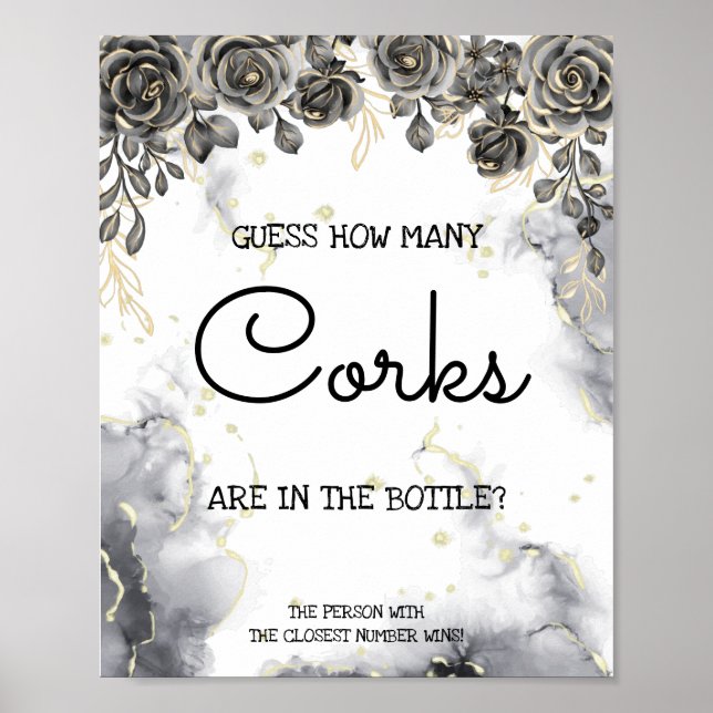 How Many Corks Black&Gold Roses Bridal Shower Sign (Front)