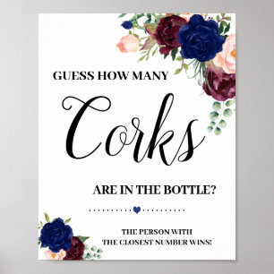 How many corks bridal shower game navy floral sign