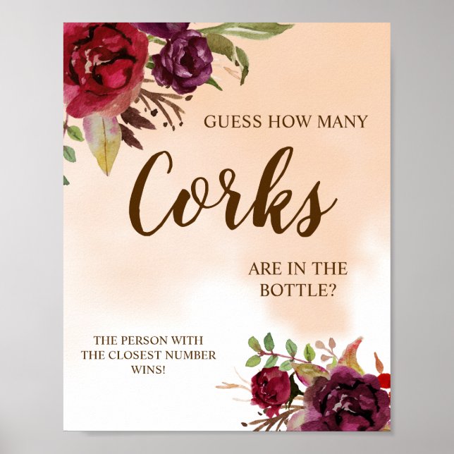 How Many Corks | Burgundy Bridal Shower Game Sign (Front)