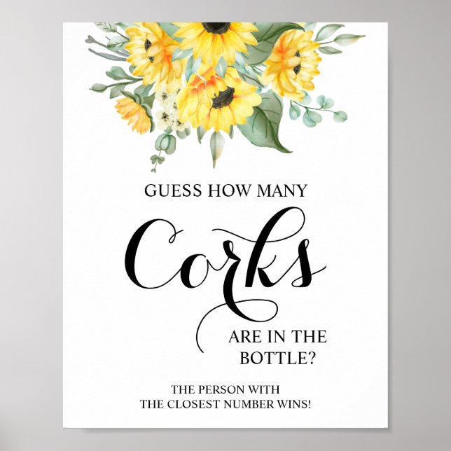 How Many Corks Sunflowers Bridal Shower Game Sign (Front)