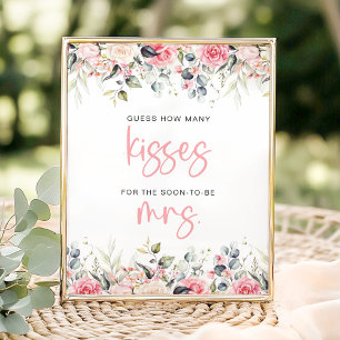 How Many Kisses Blush Floral Bridal Shower Game Poster