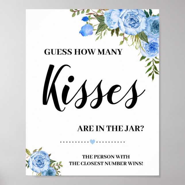 How many Kisses Bridal Shower Game Blue Flowers Poster (Front)