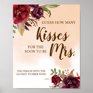 How Many Kisses for Mrs  Burgundy Shower Game Sign
