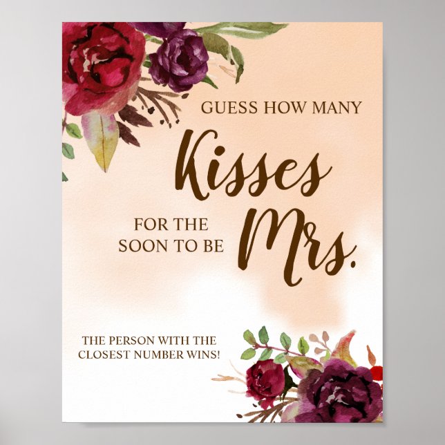 How Many Kisses for Mrs |Burgundy Shower Game Sign (Front)