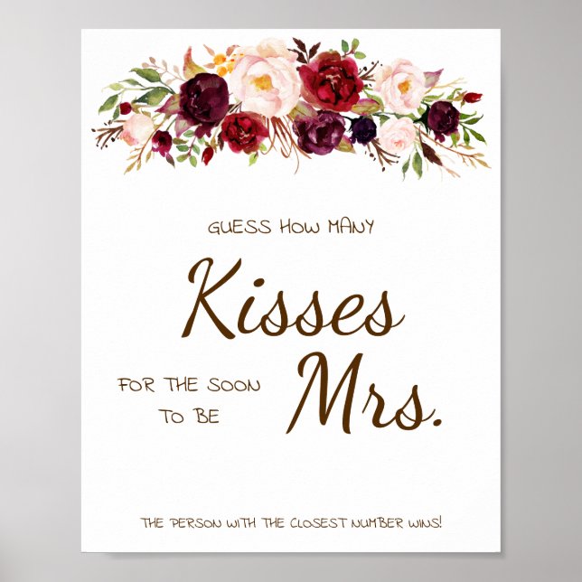 How Many Kisses for Mrs Marsala Shower Game Sign (Front)