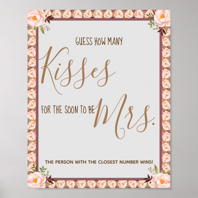 How Many Kisses for Mrs Pink Shower Game Sign (Front)
