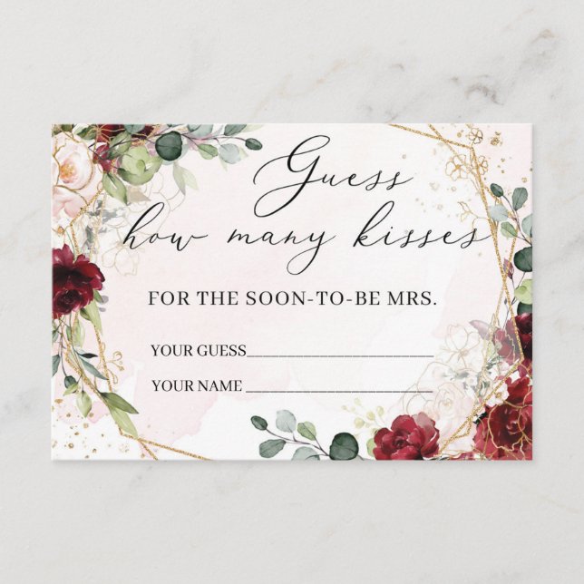 How many kisses game card boho burgundy floral (Front)