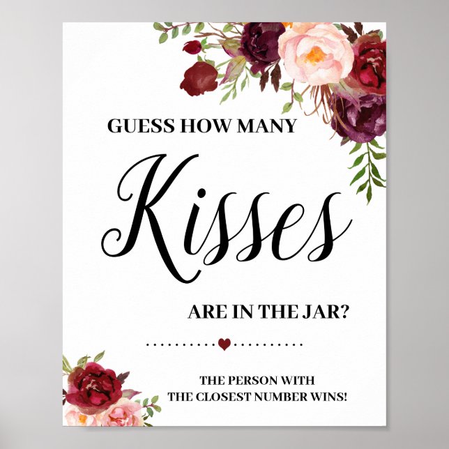 How many kisses game sign bridal shower boho chic (Front)