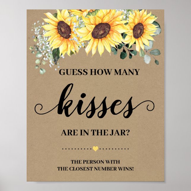 How Many Kisses game sign Bridal Shower Sunflowers (Front)