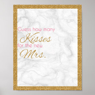 How Many Kisses Marble and Gold Bridal Shower Game Poster