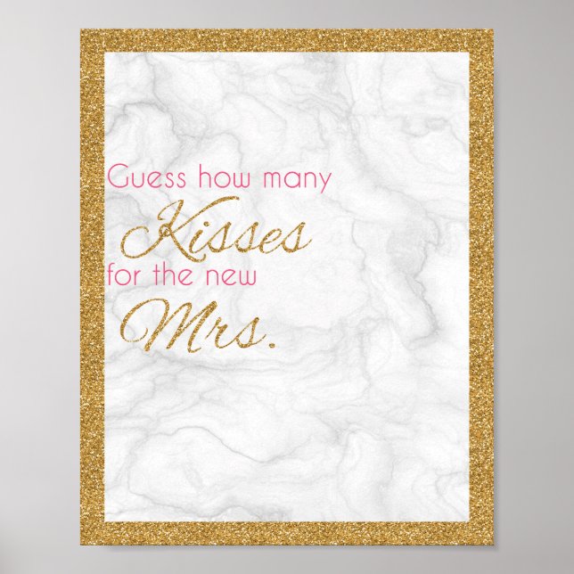 How Many Kisses Marble and Gold Bridal Shower Game Poster (Front)