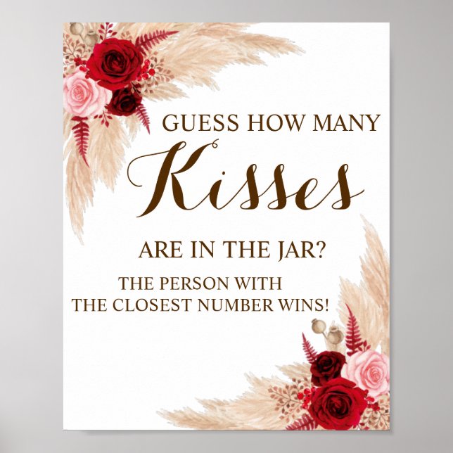 How Many Kisses Pampas Bridal Shower Game Sign (Front)