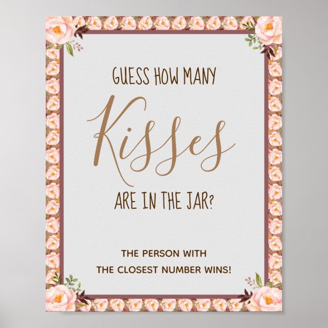 How Many Kisses Pink Bridal Shower Game Sign (Front)