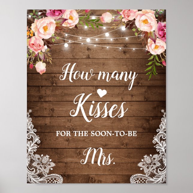 How Many Kisses Rustic Bridal Shower Game Sign (Front)