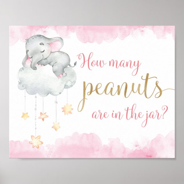 How many peanuts pink gold elephant baby shower poster (Front)