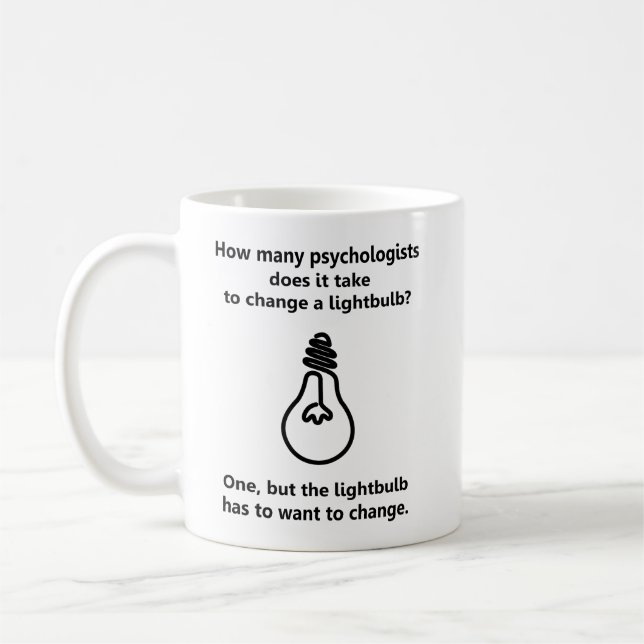 How many psychologists lightbulb humour joke coffee mug (Left)