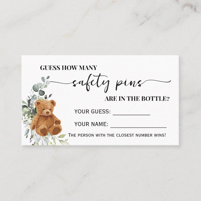 How Many Safety Pins Bear Greenery Baby Game Card (Front)