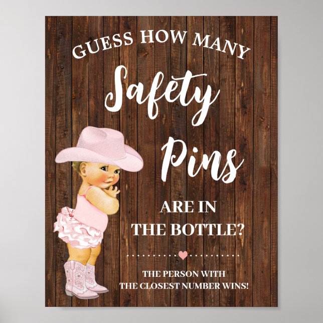 How many Safety Pins Game Cowgirl Pink Baby shower Poster (Front)