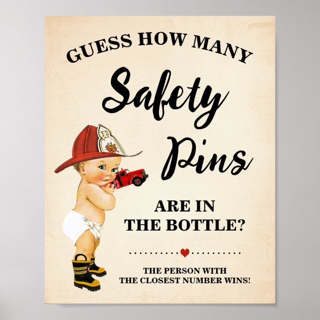 How Many Safety Pins Game Firefighter Baby Shower Poster (Front)