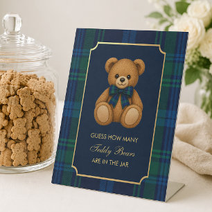 How Many Teddy Bears Baby Shower Blue Green Plaid  Pedestal Sign