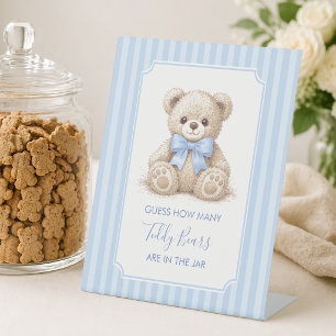 How Many Teddy Bears Blue Stipes Boy Baby Shower  Pedestal Sign