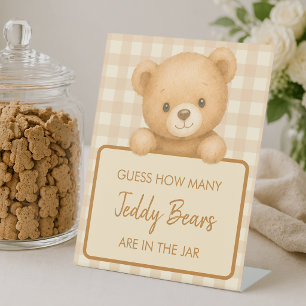 How Many Teddy Bears Brown Gingham Baby Shower Pedestal Sign