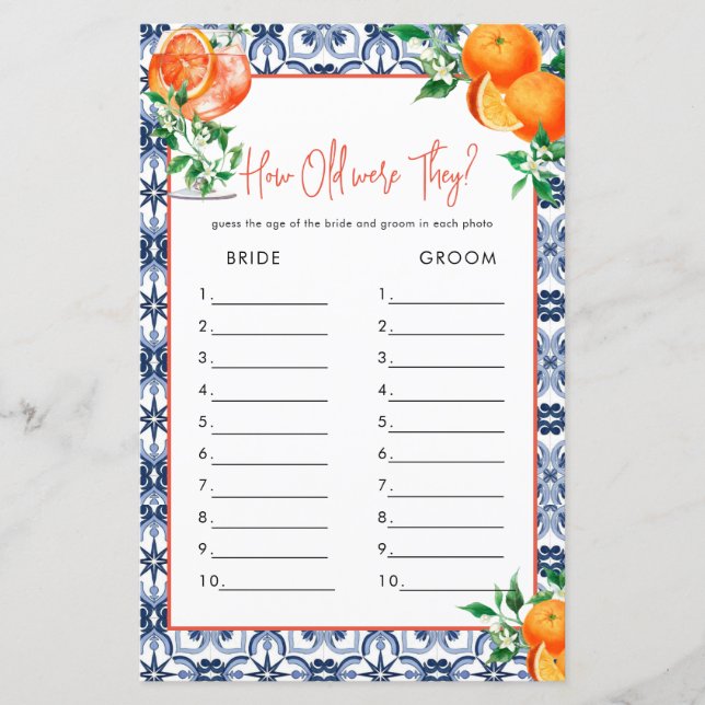 How Old? Aperol Spritz Bridal Shower Game (Front)