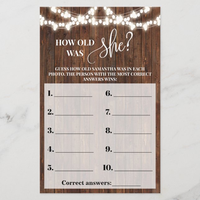 How old was Bride Western Bridal Shower Game Card (Front)