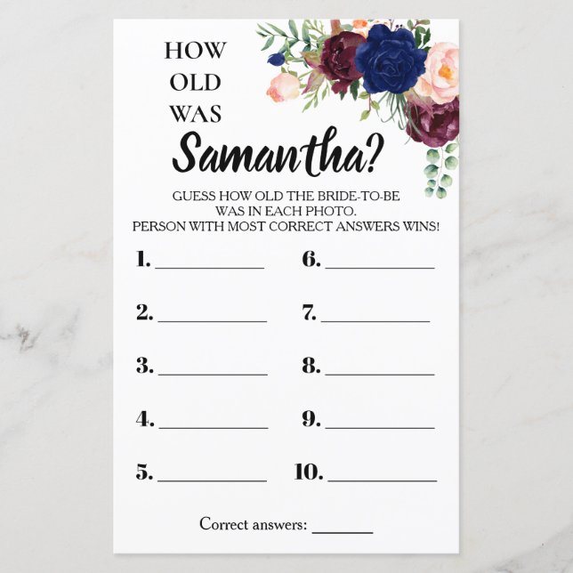 How old was She bridal shower english spanish game (Front)