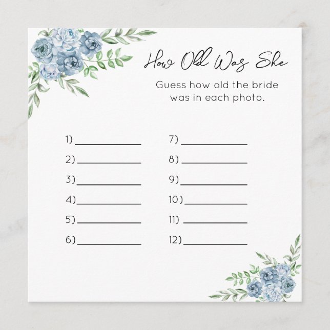 How Old Was She - Bridal Shower Game - Blue Floral Programme (Front)