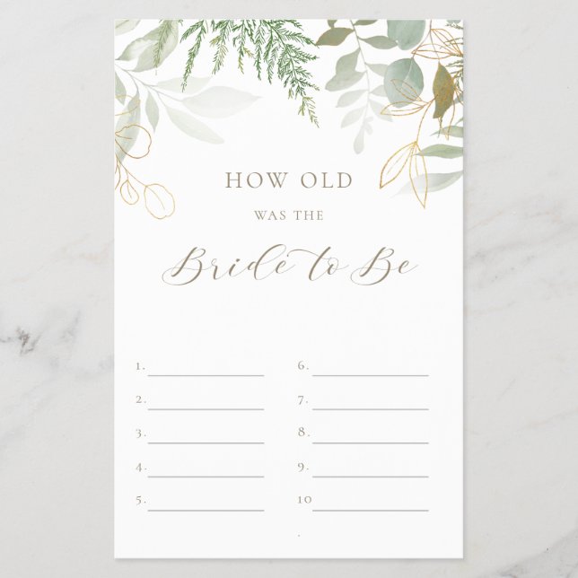 How Old Was She Greenery Bridal Shower Game Flyer (Front)