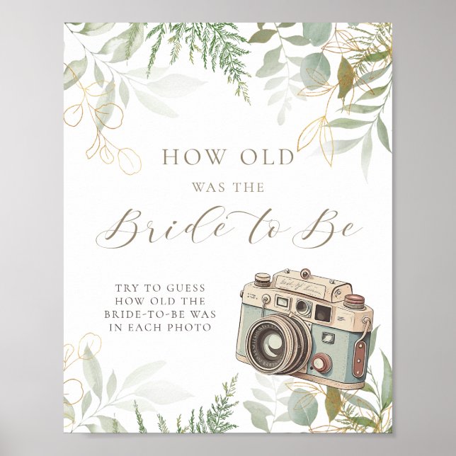 How Old Was She Greenery Gold Bridal Shower Game Poster (Front)
