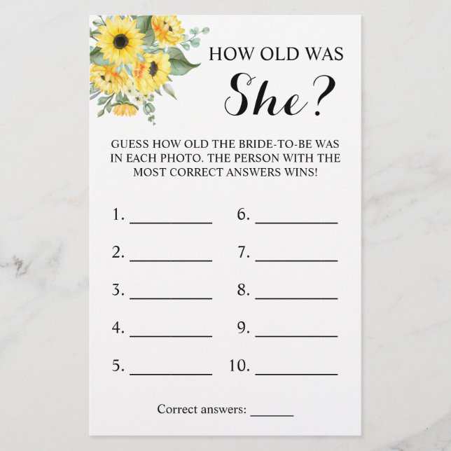 How old was She? Greenery Sunflower Game Card (Front)