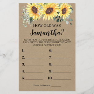 How Old Was She Greenery Sunflowers Game Card