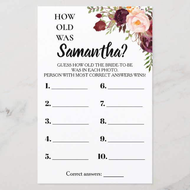 How old was She Marsala Flowers Bridal Shower Game (Front)