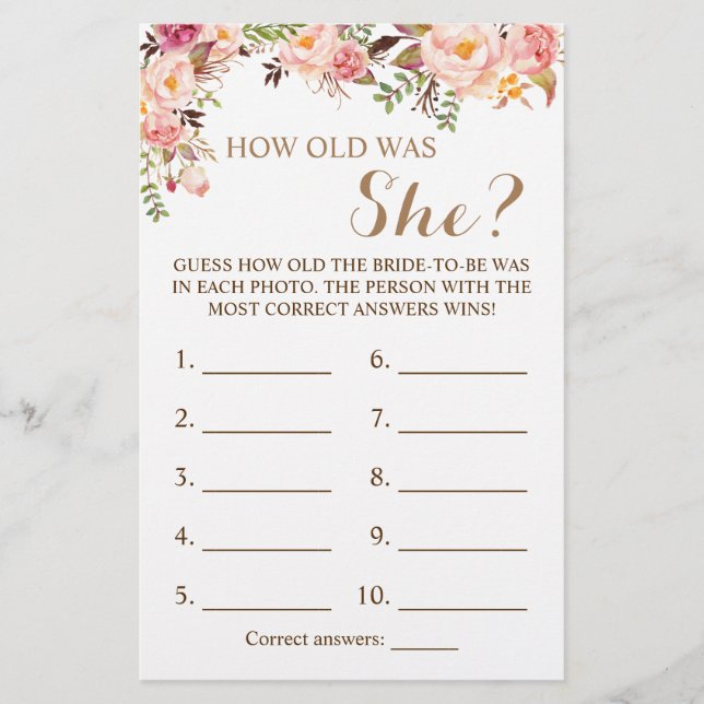 How old was She? Pink Floral Game Card (Front)