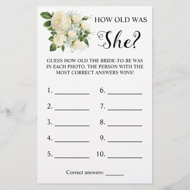 How old was She? White Rose Game Card (Front)