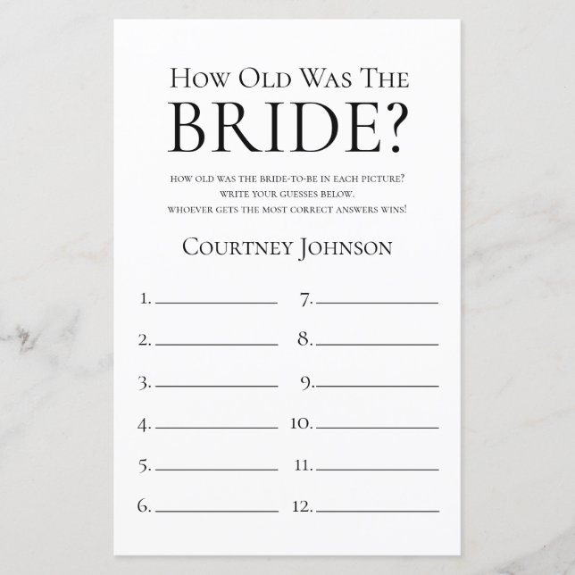 How Old Was The Bride Bridal Shower Game (Front)