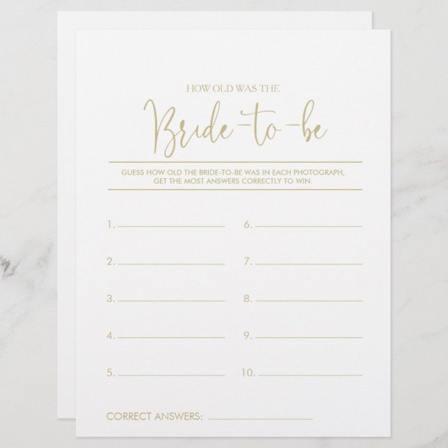 How Old Was the Bride-To-Be Bridal Shower Game (Front/Back)