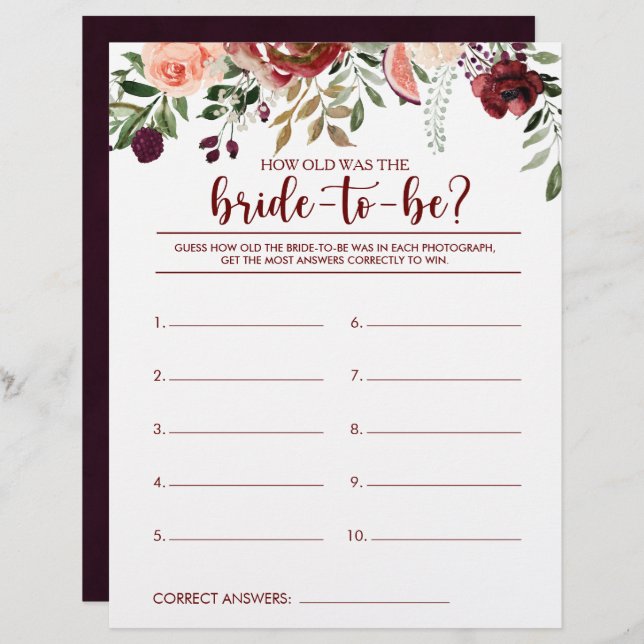 How Old Was the Bride-To-Be Bridal Shower Game (Front/Back)