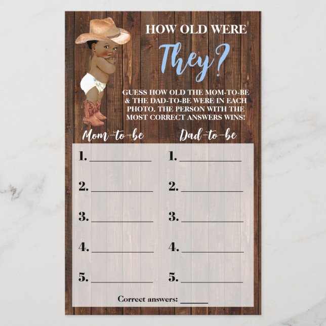 How Old Were They AA Cowboy Baby Shower Game Card (Front)