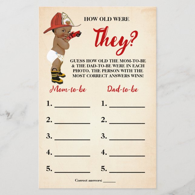 How old were They AA Fireman Baby Shower Game Card (Front)