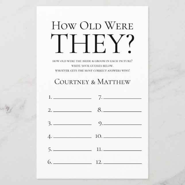 How Old Were They Bridal Shower Game (Front)