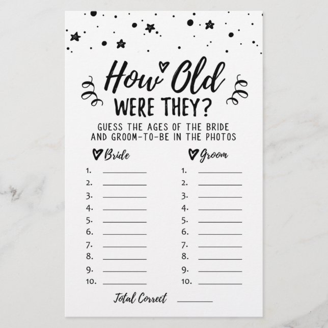 How old were they Bridal Shower or Hen Party game (Front)