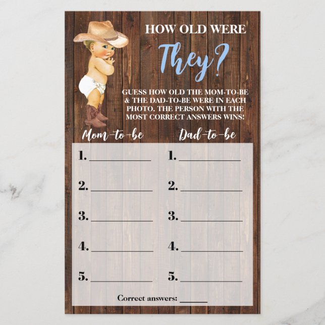 How Old Were They Cowboy Baby Shower Game Card (Front)