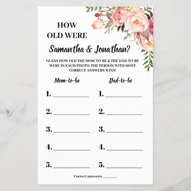 How old were They shower bilingual pink game card (Front)