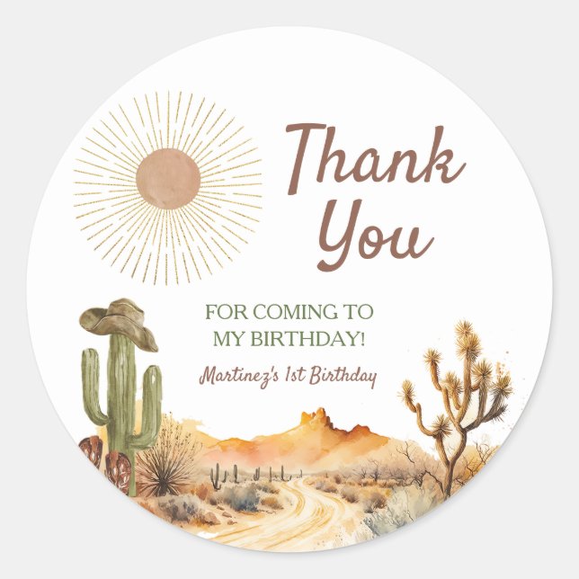 How The West Was One Birthday Cowboy Thank You Classic Round Sticker (Front)