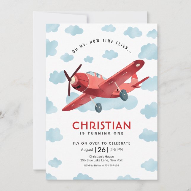 How time Flies Red Aeroplane Birthday Invitation (Front)