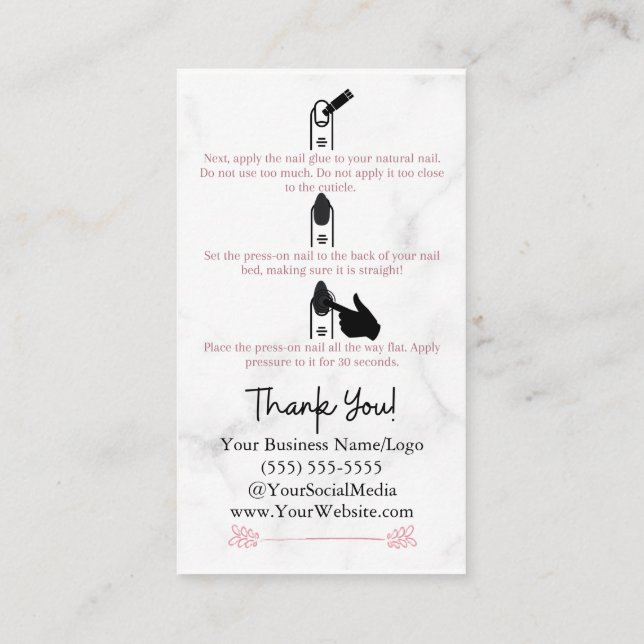 How To Apply Press-On Nails Instructions Marble  Business Card (Back)
