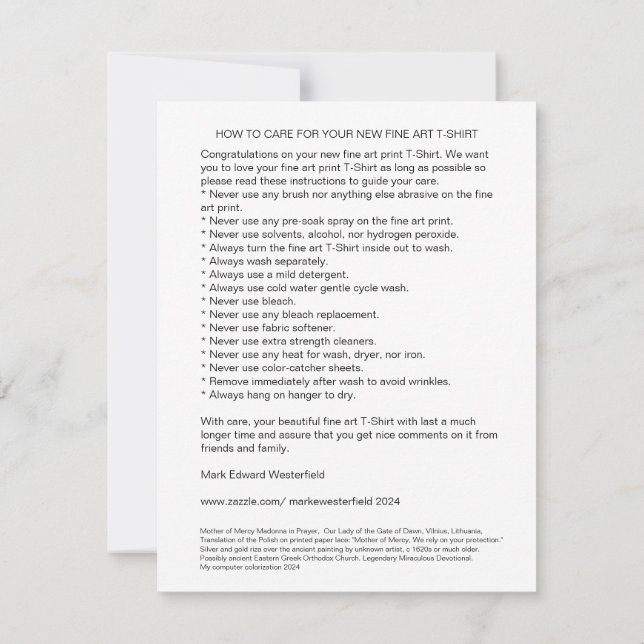 HOW TO CARE FOR YOUR FINE ART T-SHIRT Flat Card (Back)